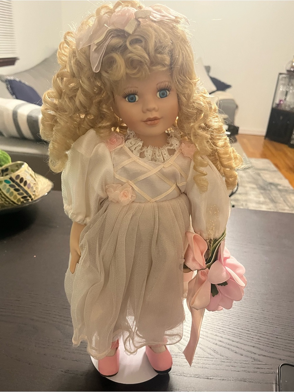Classic Decorative porcelain Doll in Cream and Pink Dress